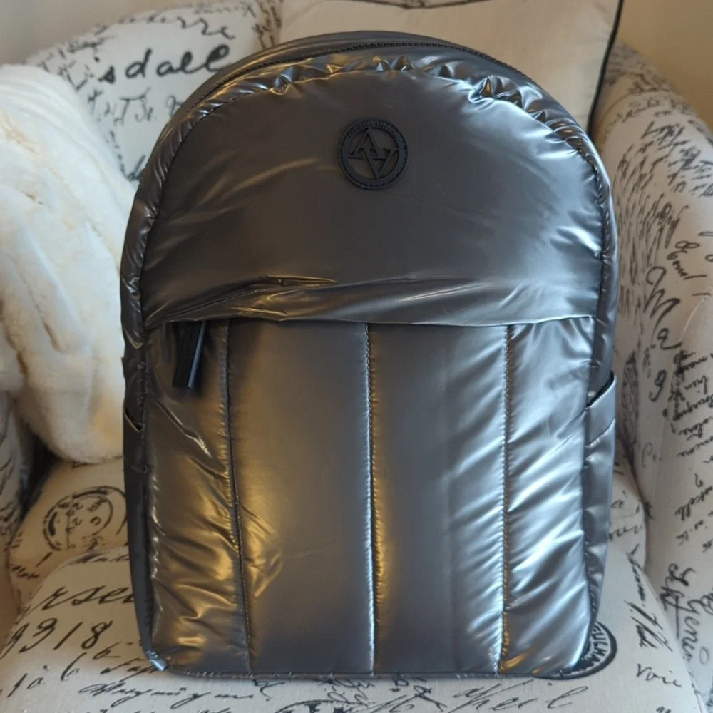 Adrianne Vittadini Lightweight Puffer Backpack Unisex Iridescent Pewter NWT